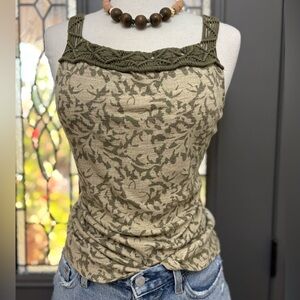 Lauren by Ralph Lauren Beige & Olive Pattern Crochet Macrame Tank Top Size XL